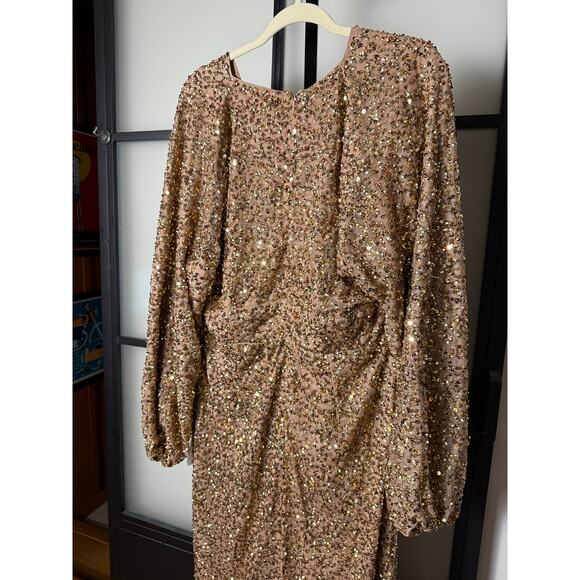 NWT Mac Duggal Brown Sequined Puff Sleeve V Neck Gown Size 14 - Picture 4 of 11